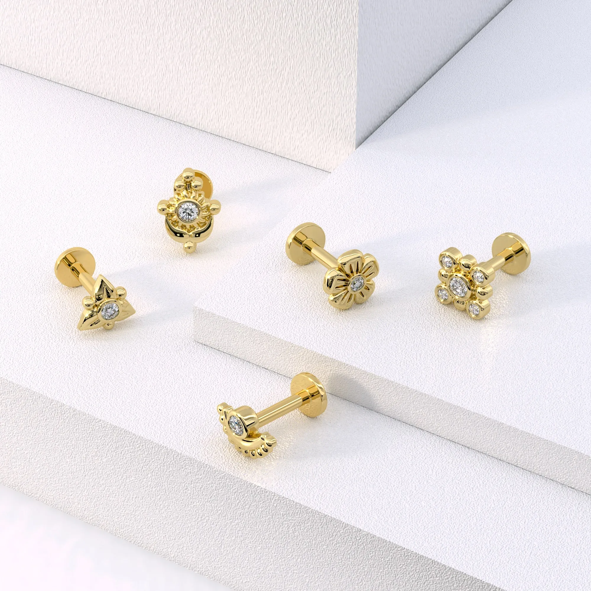 14K Gold Diamond Flower Nose Stud