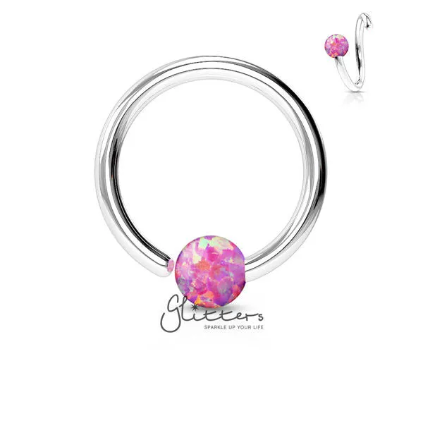 20GA 316L Surgical Steel Opal Ball Fixed On End Nose Hoop Ring-Opal Pink