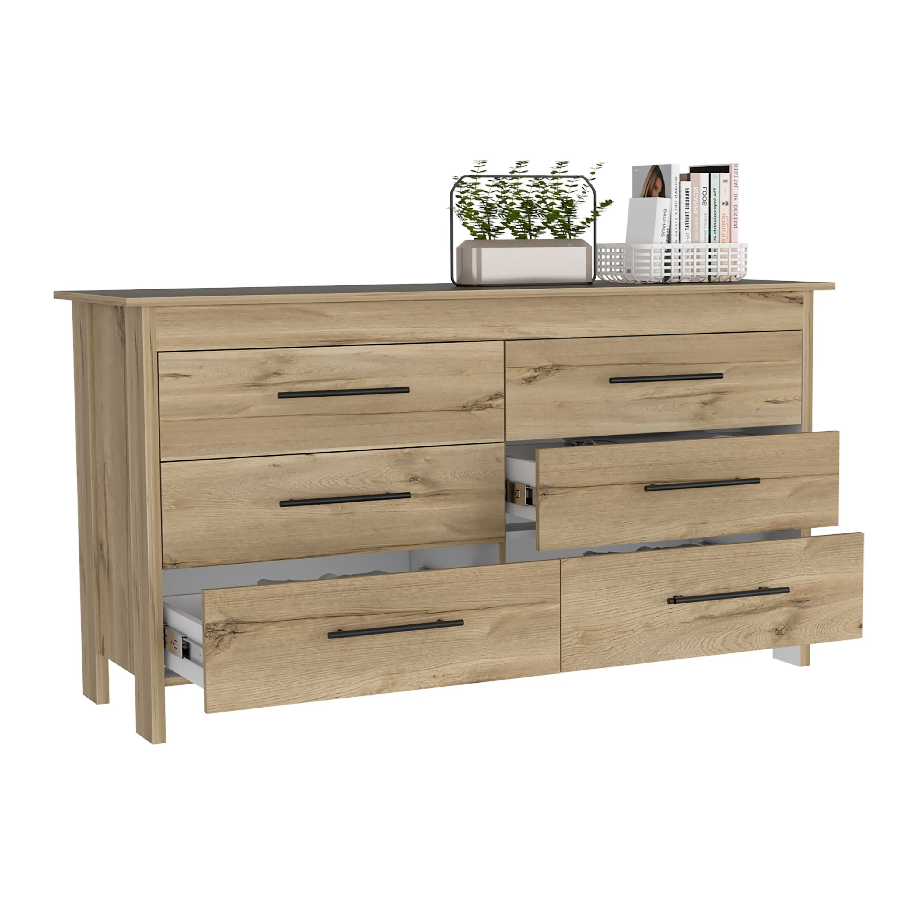 6 Drawer Double Dresser Wezz with Superior Top Light Oak/White