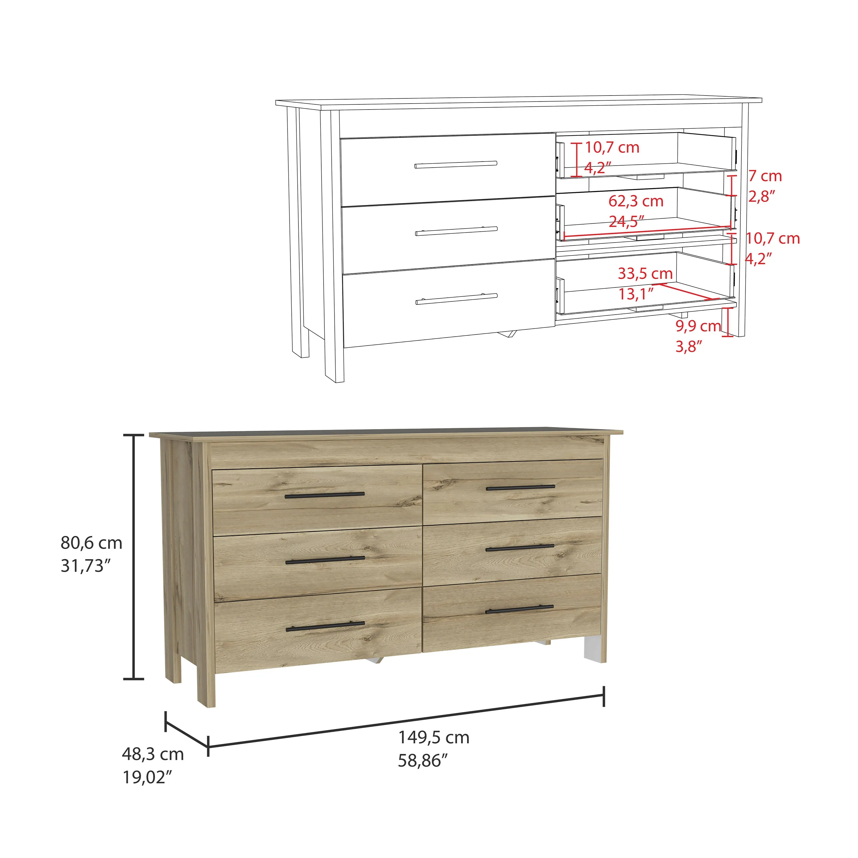 6 Drawer Double Dresser Wezz with Superior Top Light Oak/White