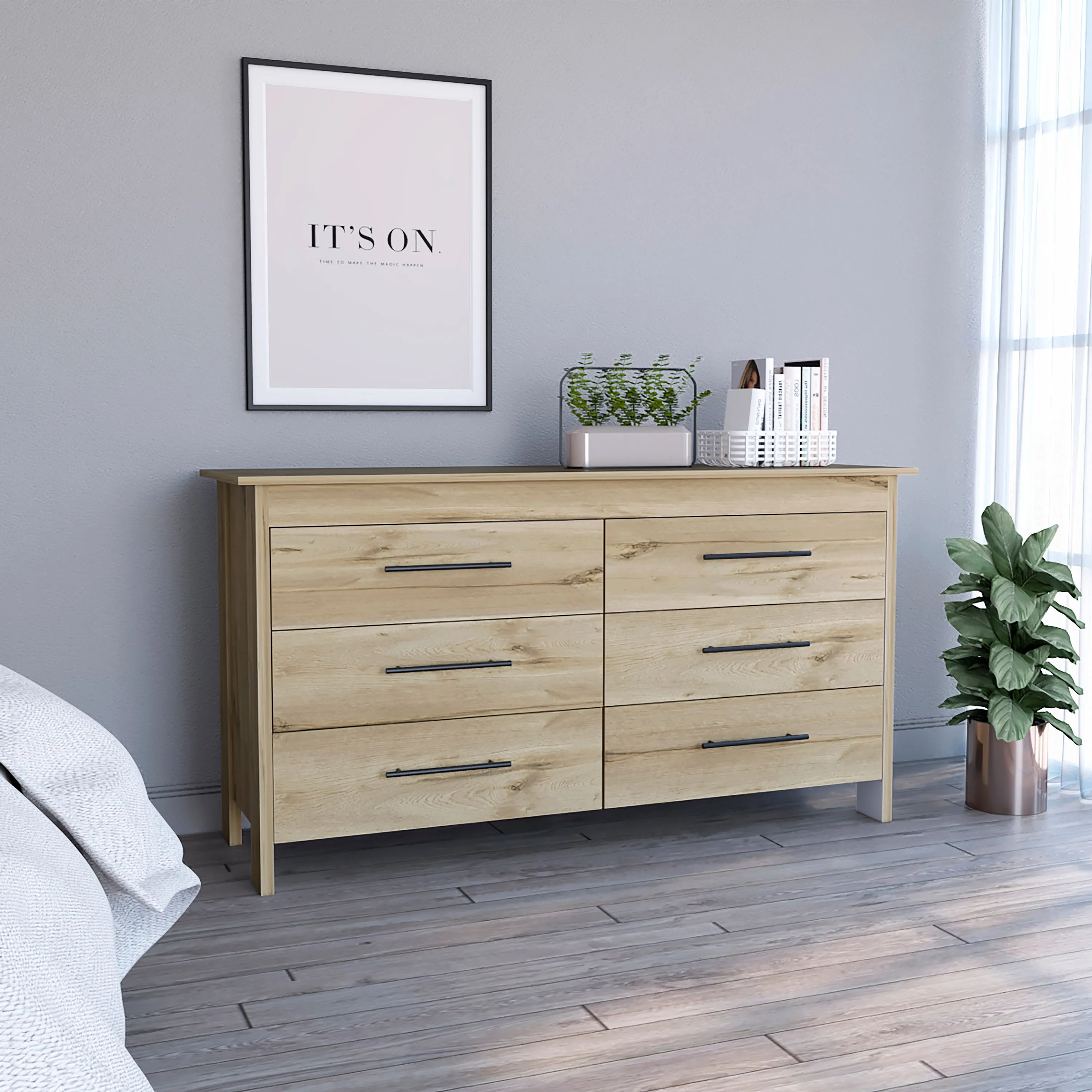 6 Drawer Double Dresser Wezz with Superior Top Light Oak/White