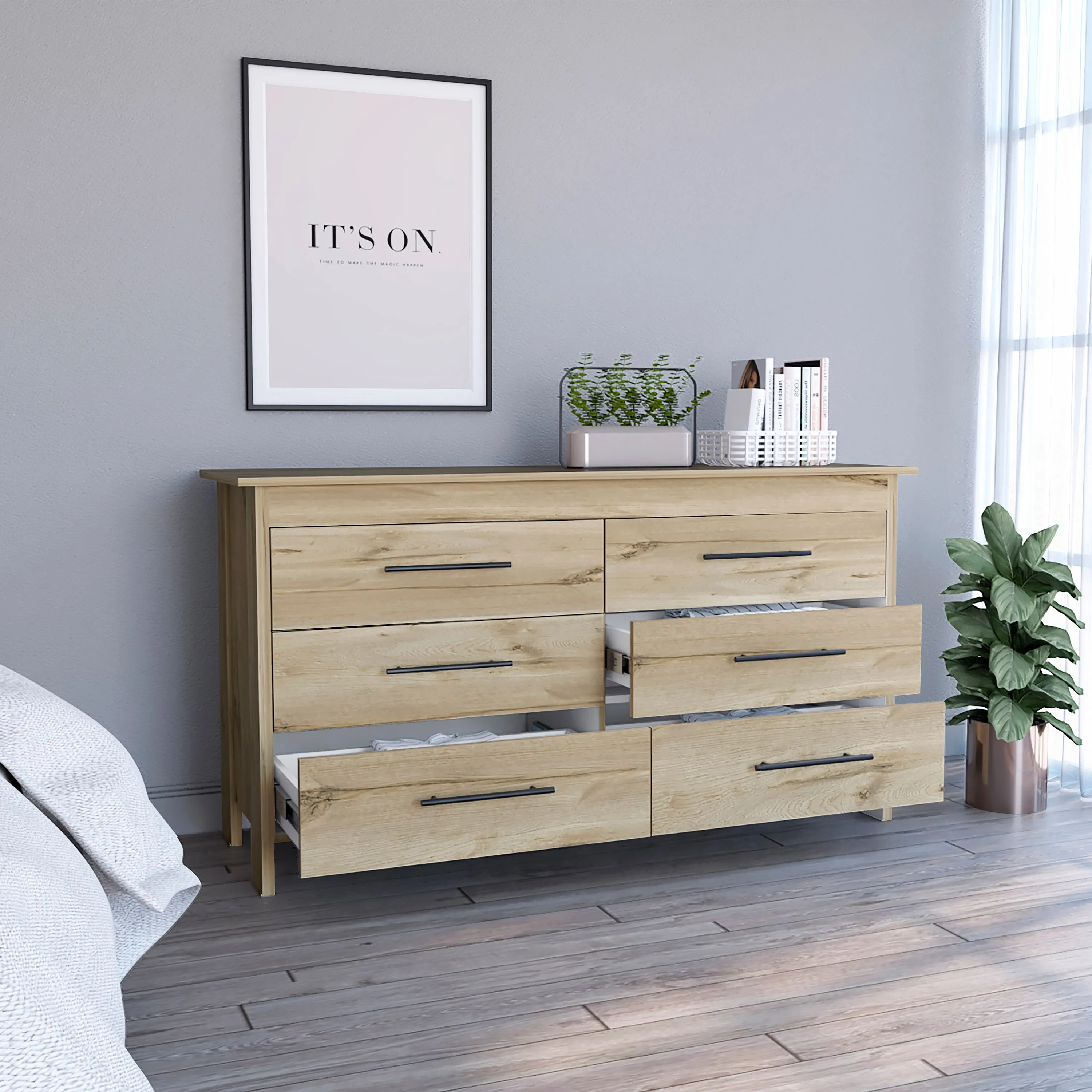 6 Drawer Double Dresser Wezz with Superior Top Light Oak/White