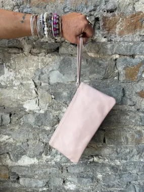 Blush Pink 100% Calf Leather Wristlet with silver hardware