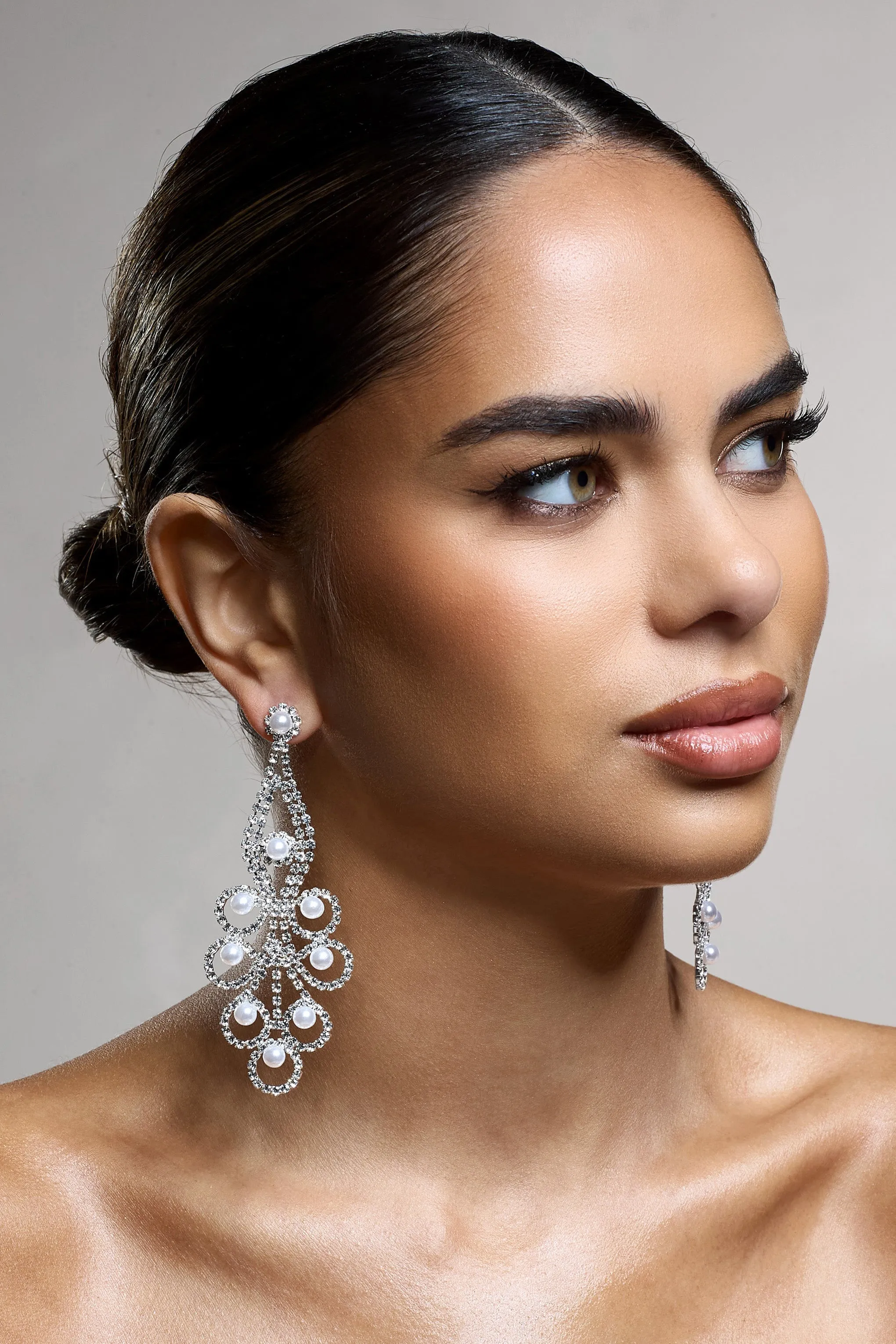 Chandelier | Silver Diamante Pearl Statement Earrings