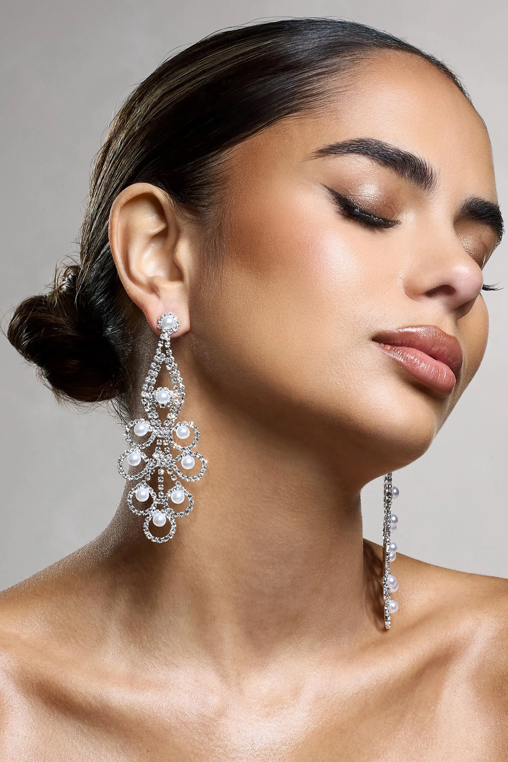 Chandelier | Silver Diamante Pearl Statement Earrings