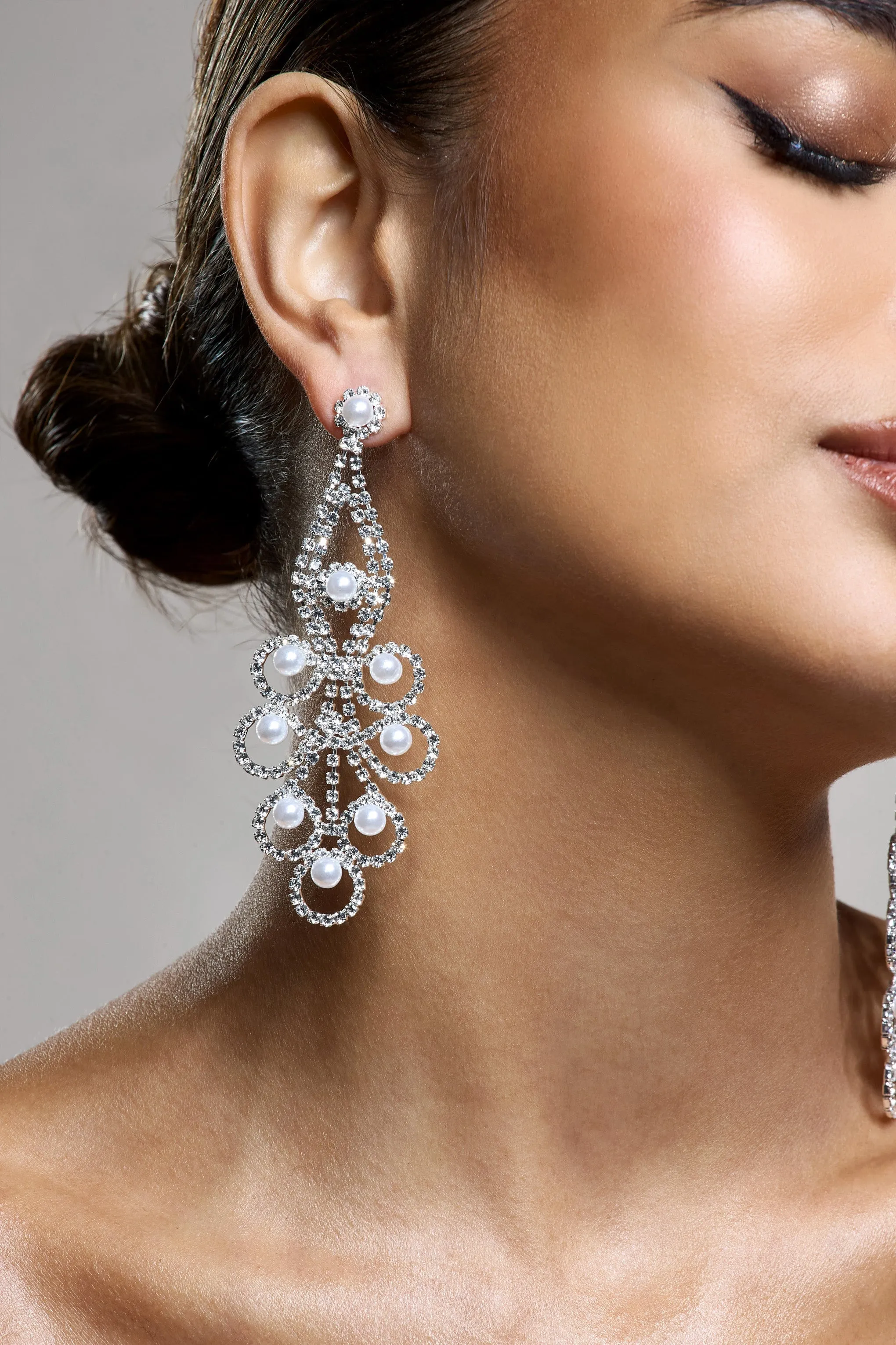 Chandelier | Silver Diamante Pearl Statement Earrings