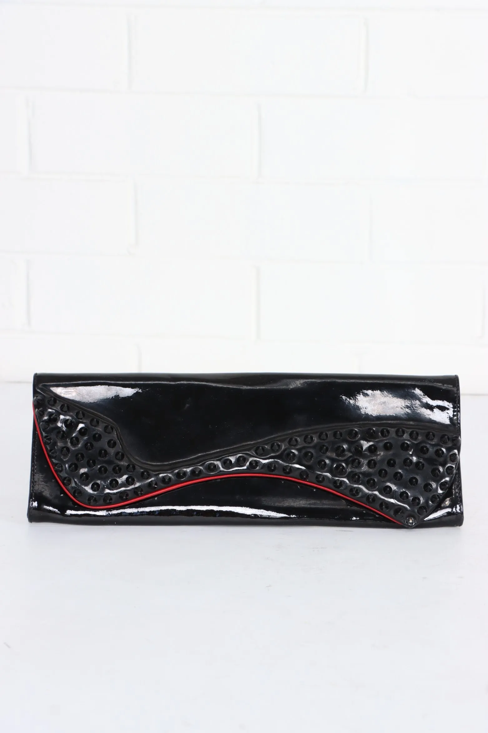 CHRISTIAN LOUBOUTIN Black Patent Leather 'Pigalle' Spike Clutch France Made