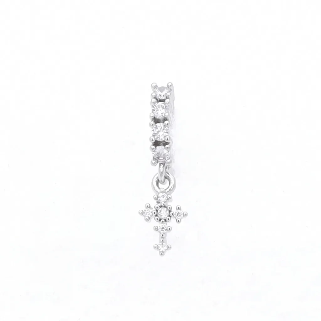 CZ Hoop Nose Ring with Dangle Cross - Silver