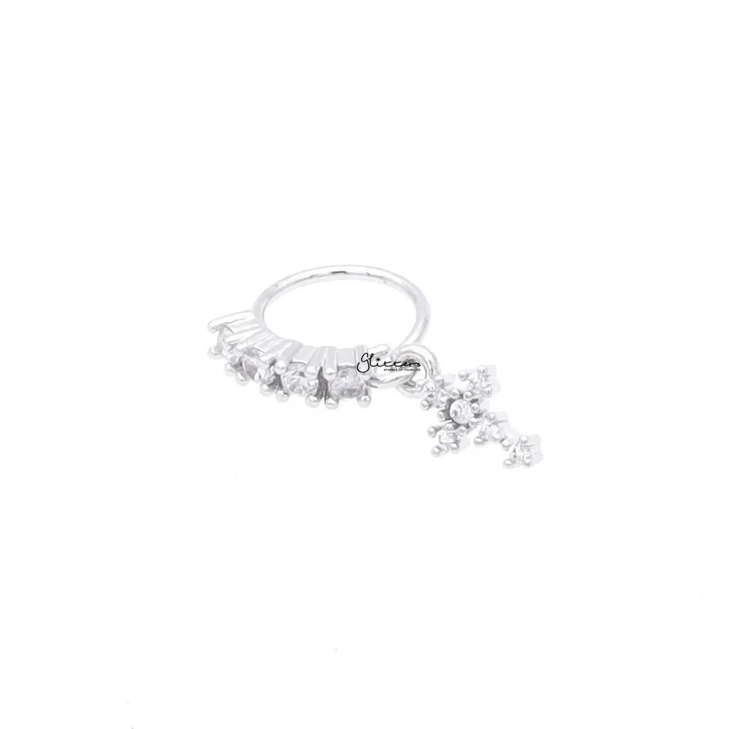 CZ Hoop Nose Ring with Dangle Cross - Silver