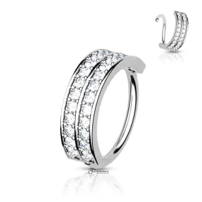 Embedded C.Z Double Lined Half Circle Bendable Hoop Ring - Silver