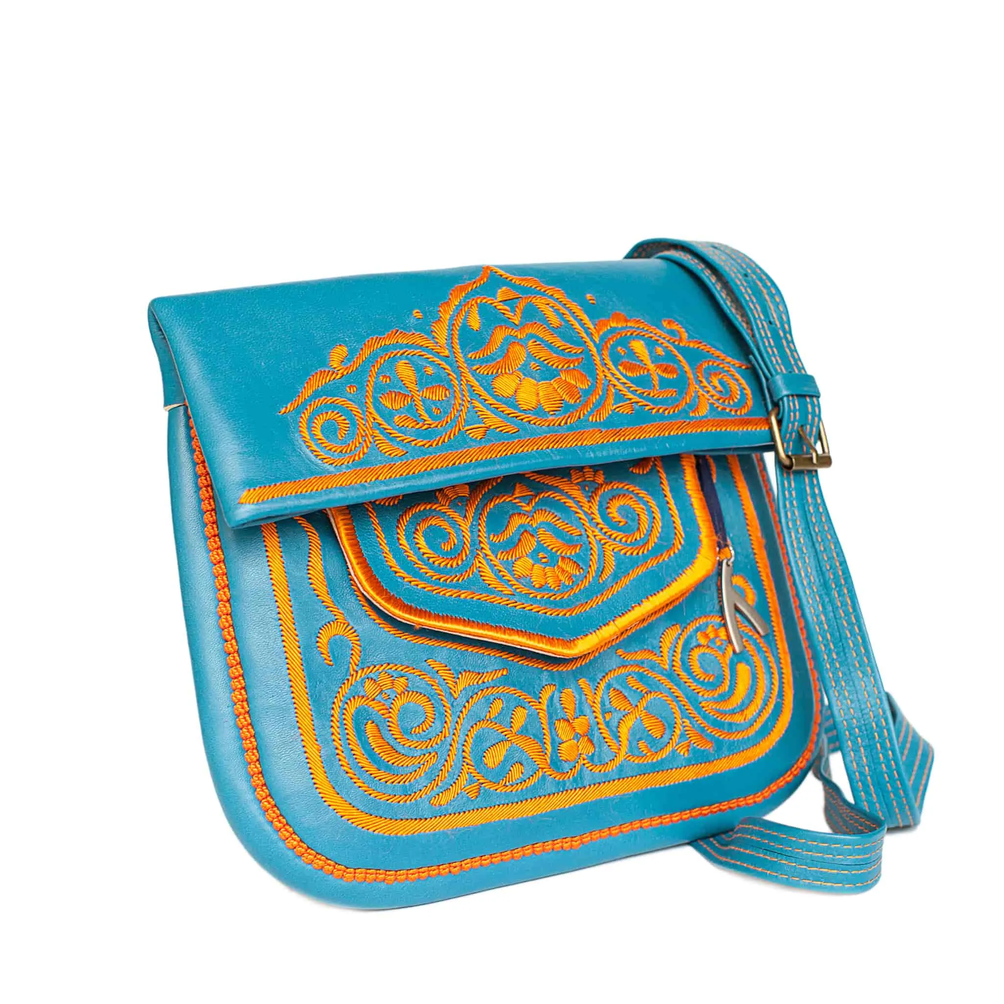 Embroidered Leather Berber Bag in Turquoise, Orange