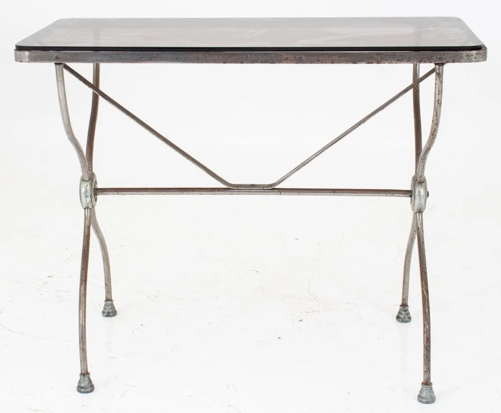 French Steel Garden Table with Glass Top