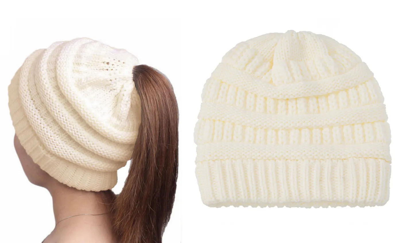 Haute Edition Women's Ponytail Messy Bun Textured Knit Beanie