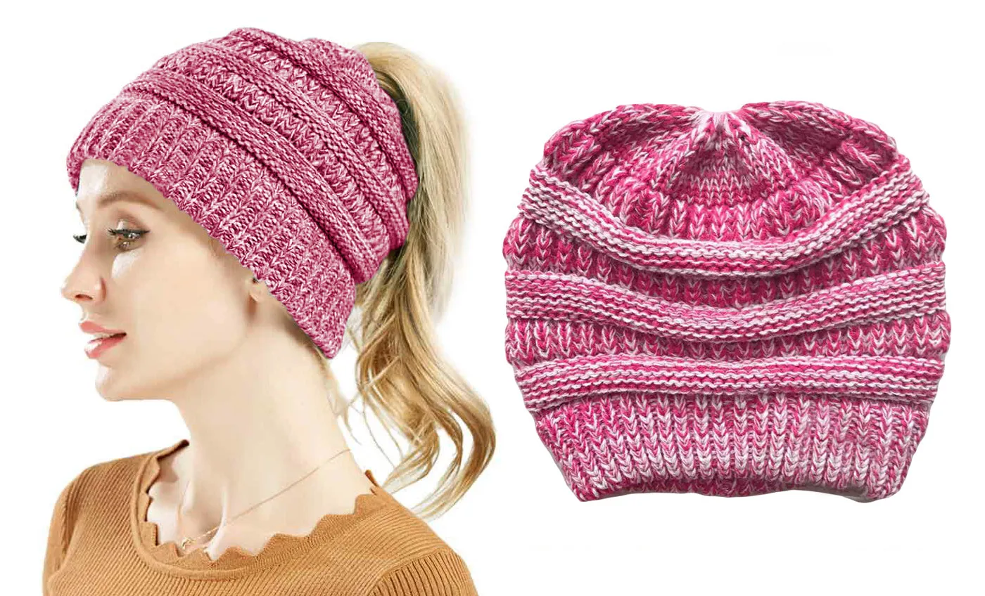 Haute Edition Women's Ponytail Messy Bun Textured Knit Beanie