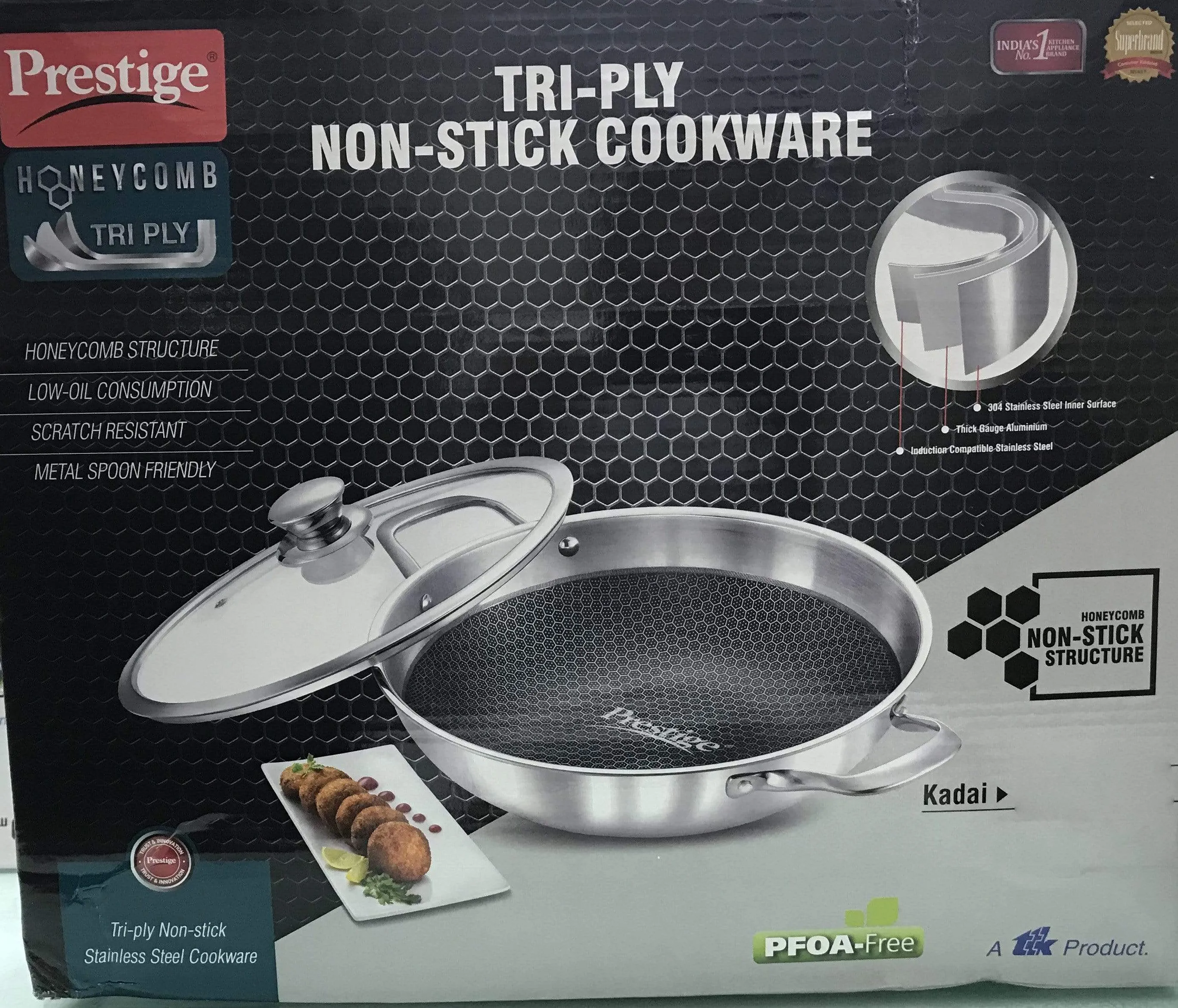 Prestige Tri-Ply Honey Comb Stainless Steel Kadai with Lid