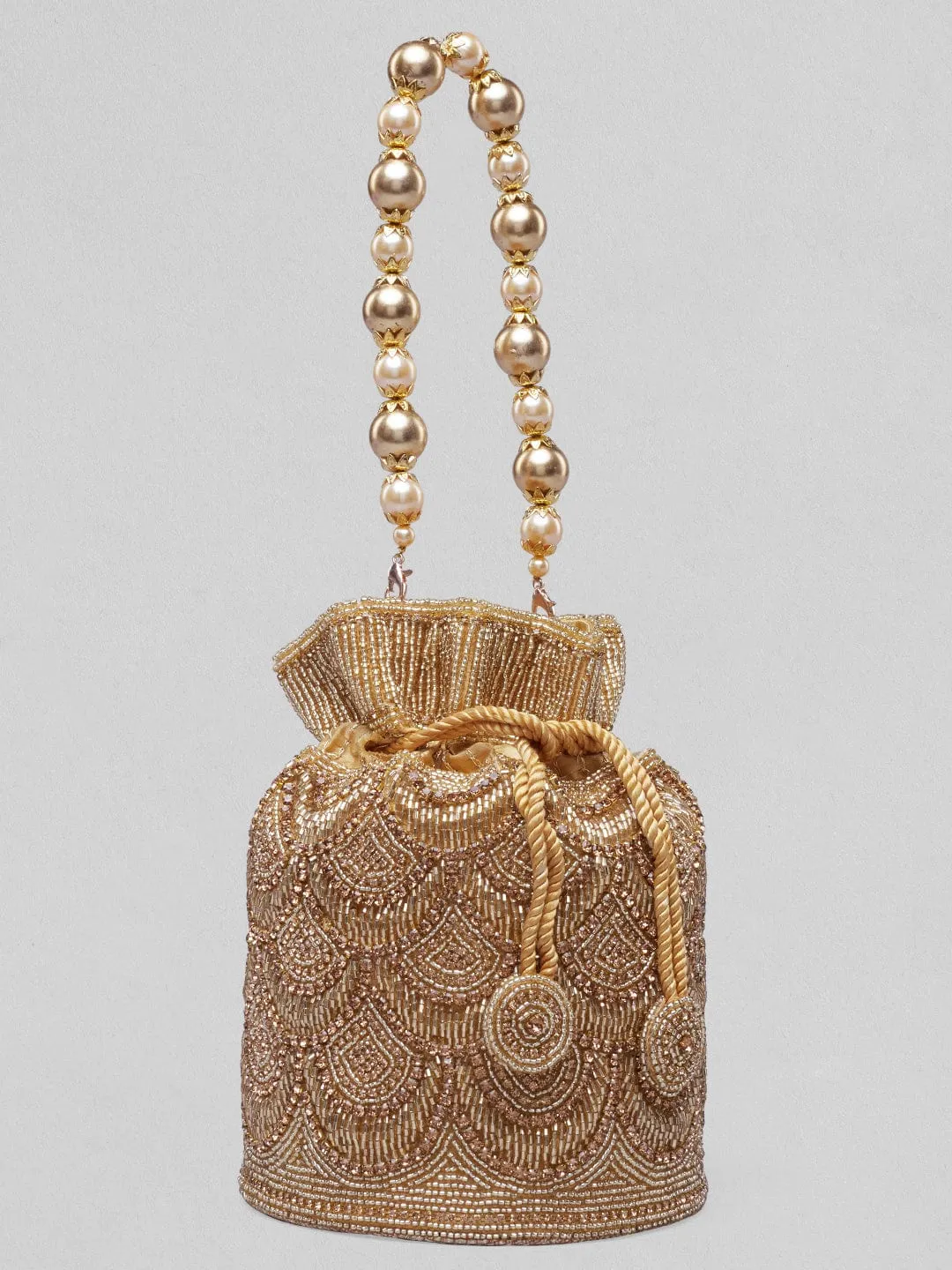 Rubans Golden Coloured Potli Bag With Golden Embroided Design.