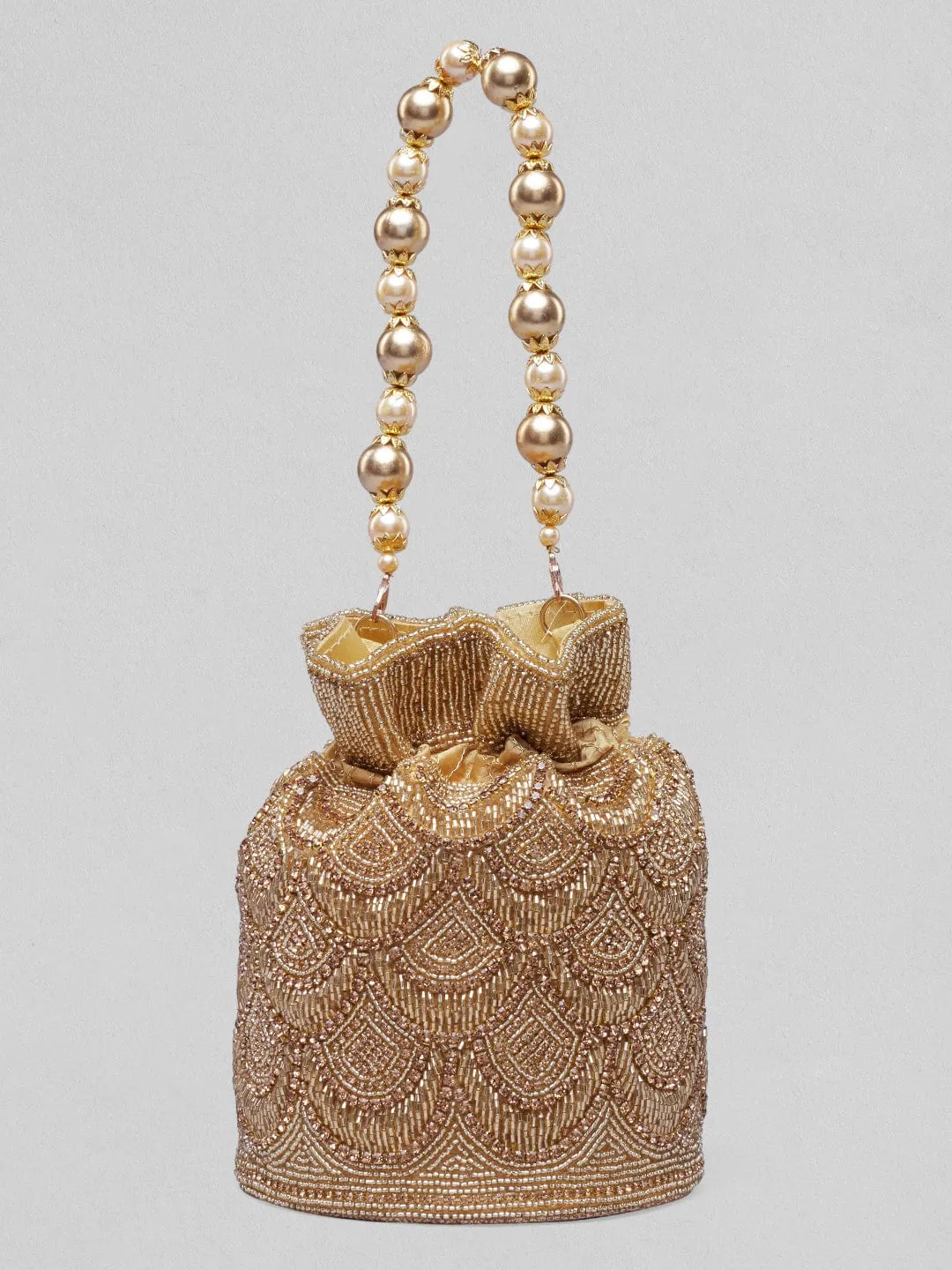 Rubans Golden Coloured Potli Bag With Golden Embroided Design.