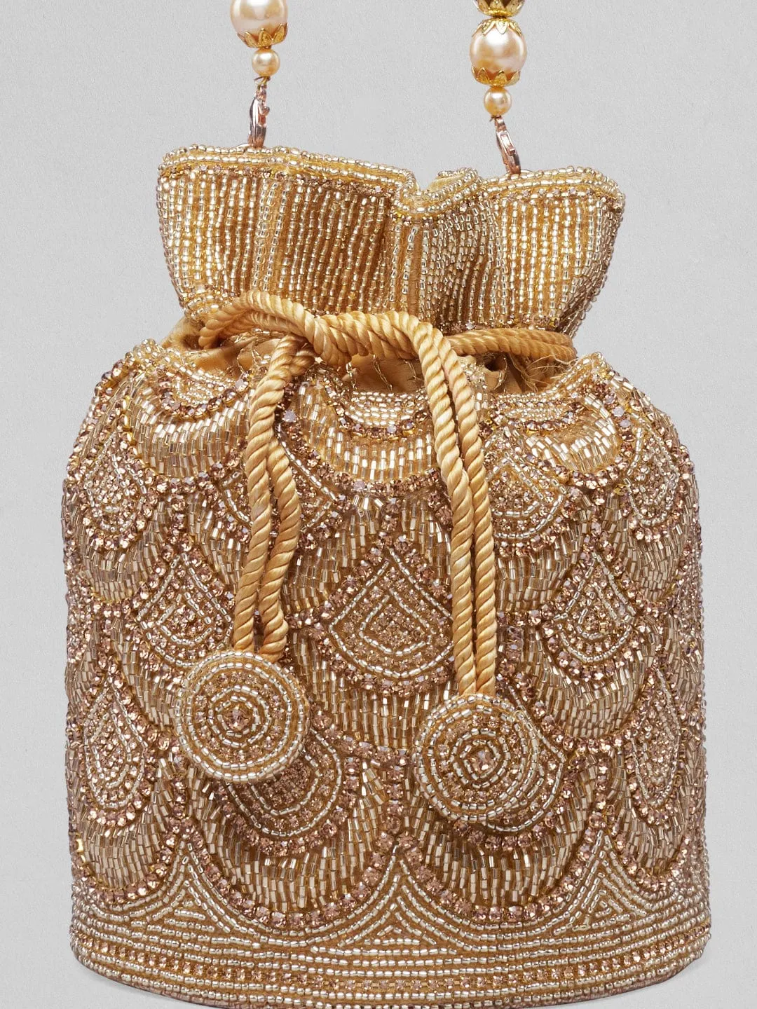 Rubans Golden Coloured Potli Bag With Golden Embroided Design.