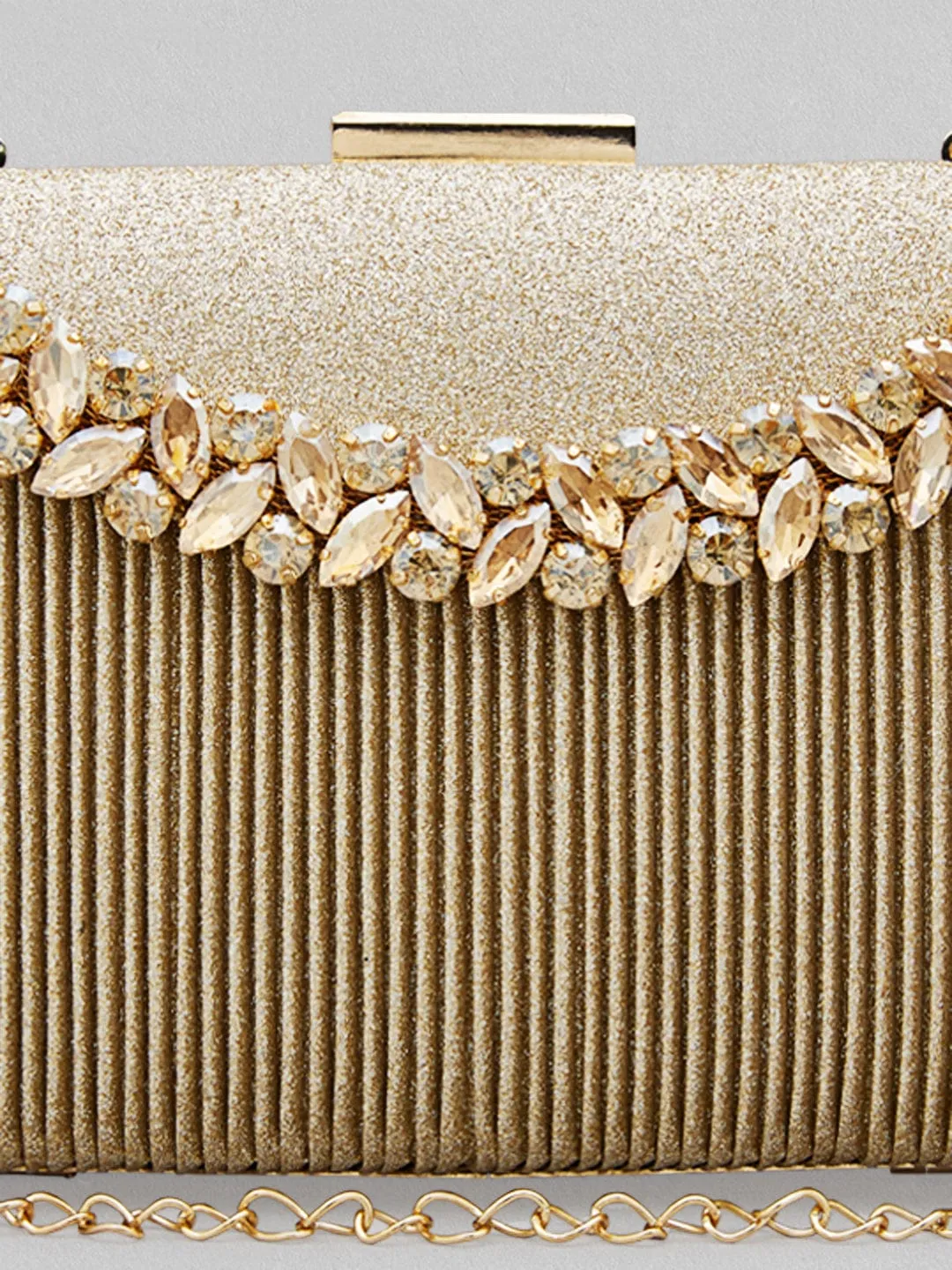 Rubans Golden-Tone Box Clutch Sling Bag Featuring American Diamonds