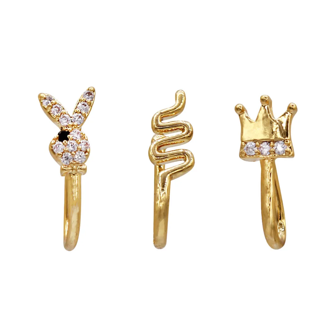 Secret Box 14K Gold Dipped Bunny Snake Crown Nose Clips