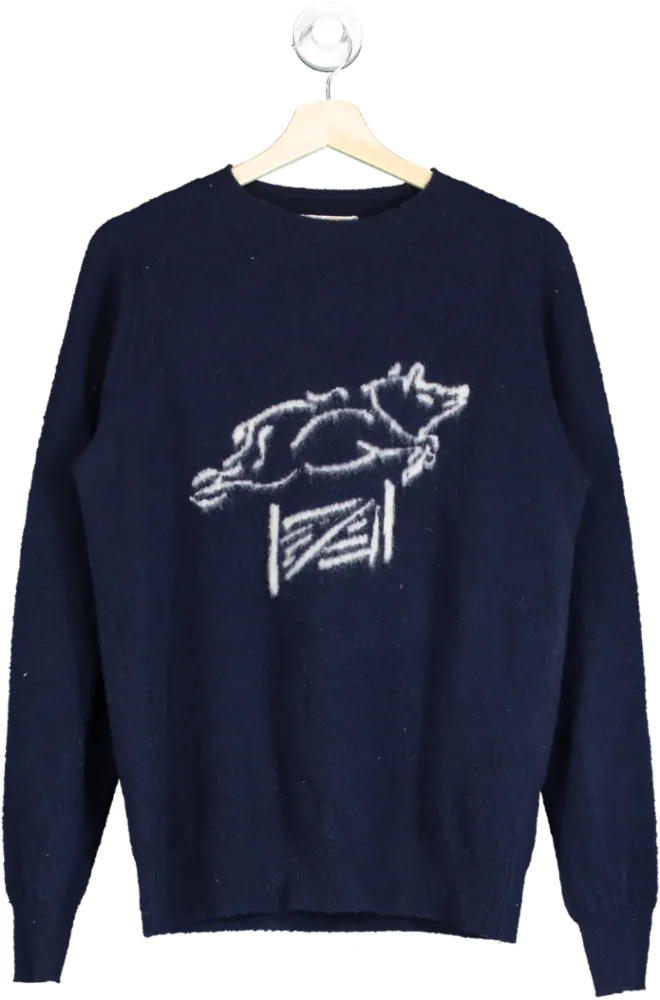 St Johns Blue X Drakes Pig Flying Merino Wool Jumper UK S