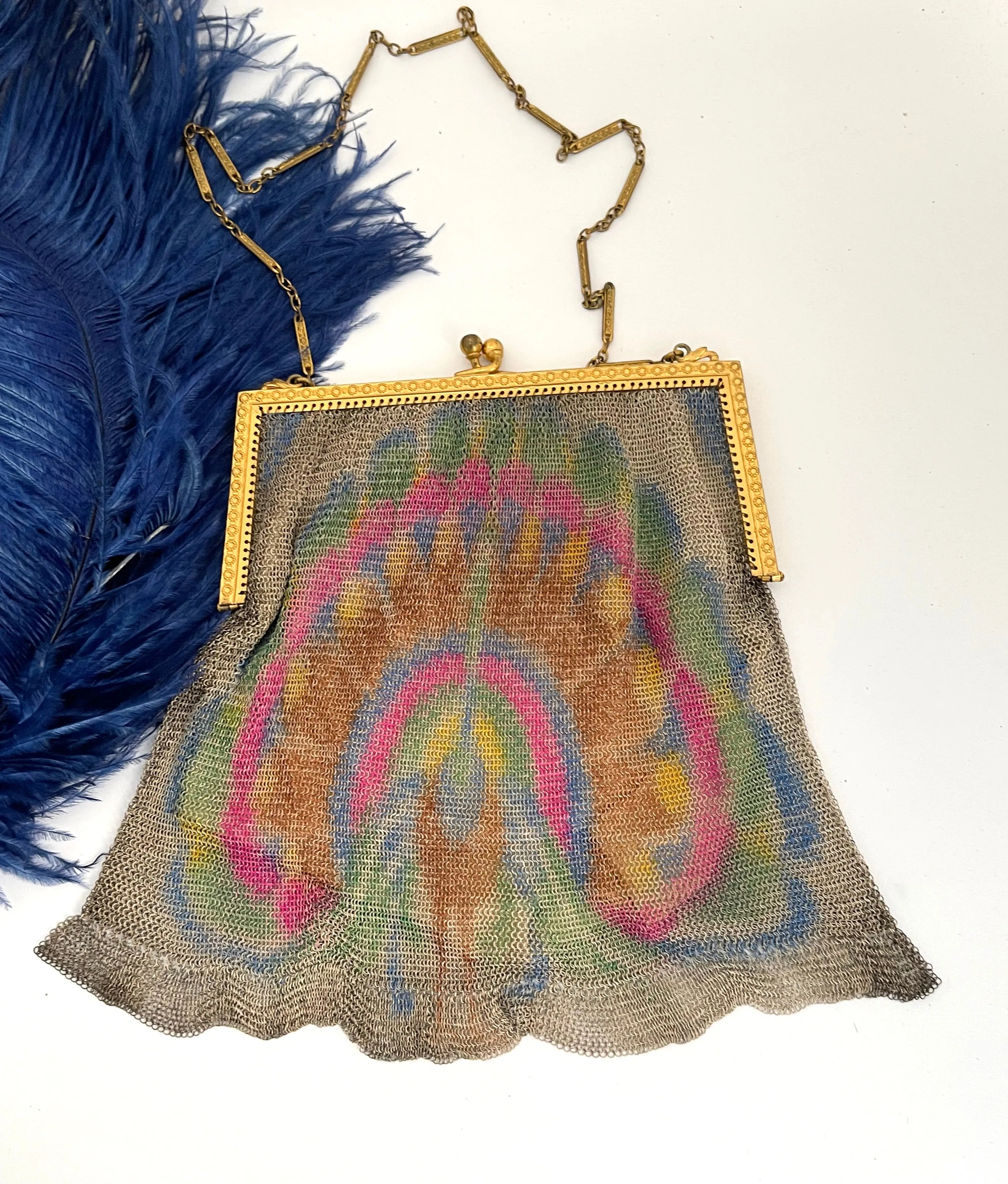 WHITING AND DAVIS Antique 20s Dresden Mesh Bag with Peacock Moti